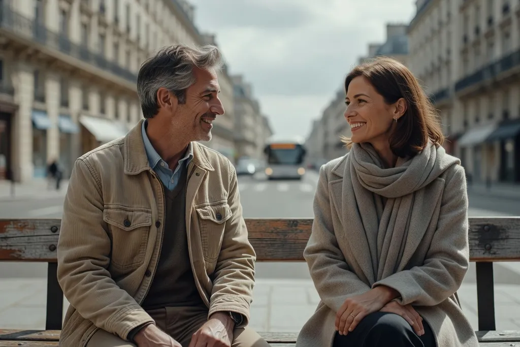Groupe d'adultes riant ensemble lors d'un événement en plein air à Paris, lumière dorée, ambiance conviviale et détendue