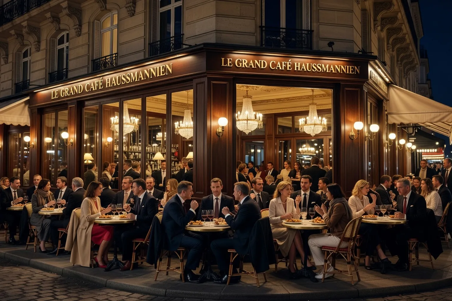Bar brasserie haussmannienne parisienne animée, clientèle sophistiquée, lumières chaudes