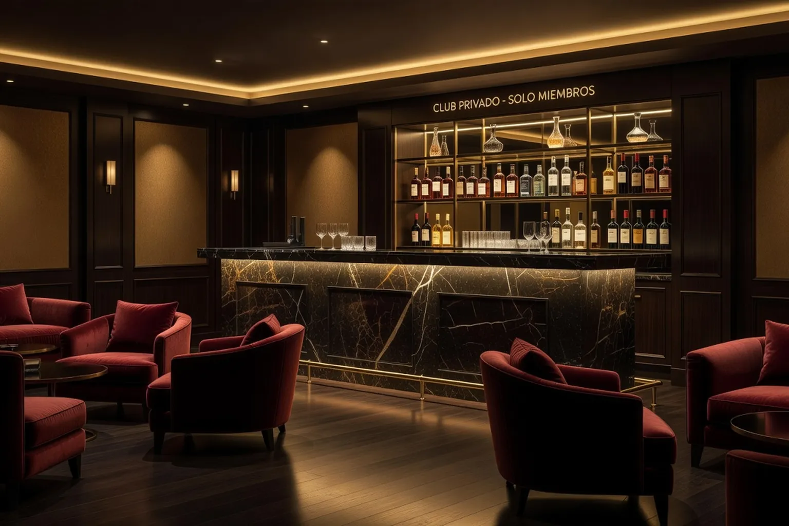 Intérieur d'un club adulte élégant à Barcelone, lumières tamisées dorées
