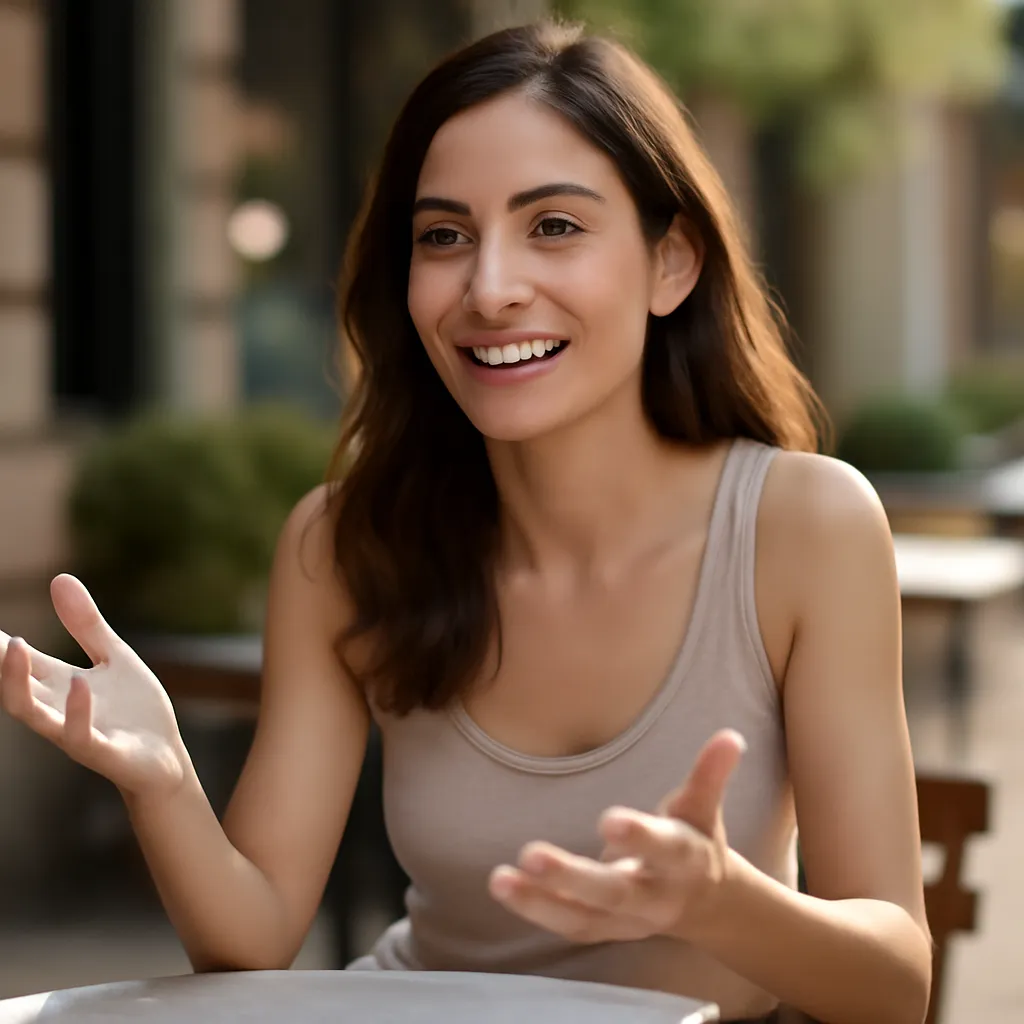 Rapport naturel installe en cafe, sans mimetisme force Homme et femme souriants attables en cafe, conversation naturelle