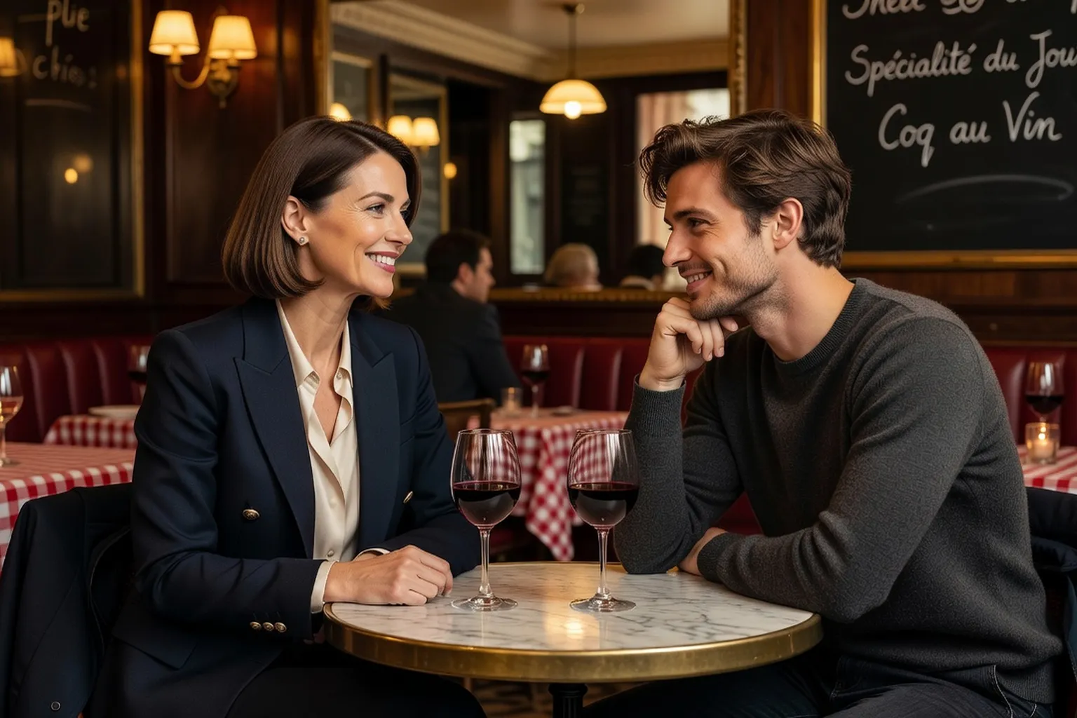 Femme mature et homme plus jeune en conversation complice dans un bistrot parisien