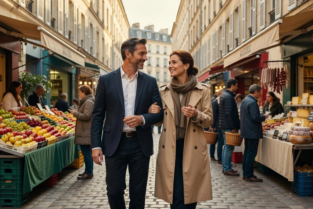 Couple adulte marchant épaule contre épaule dans une rue piétonne française animée, étals de marché en arrière-plan