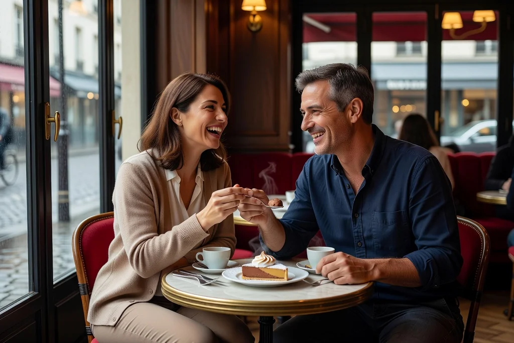 Couple adulte partageant un dessert dans une brasserie parisienne, rire complice et gestuelle proche