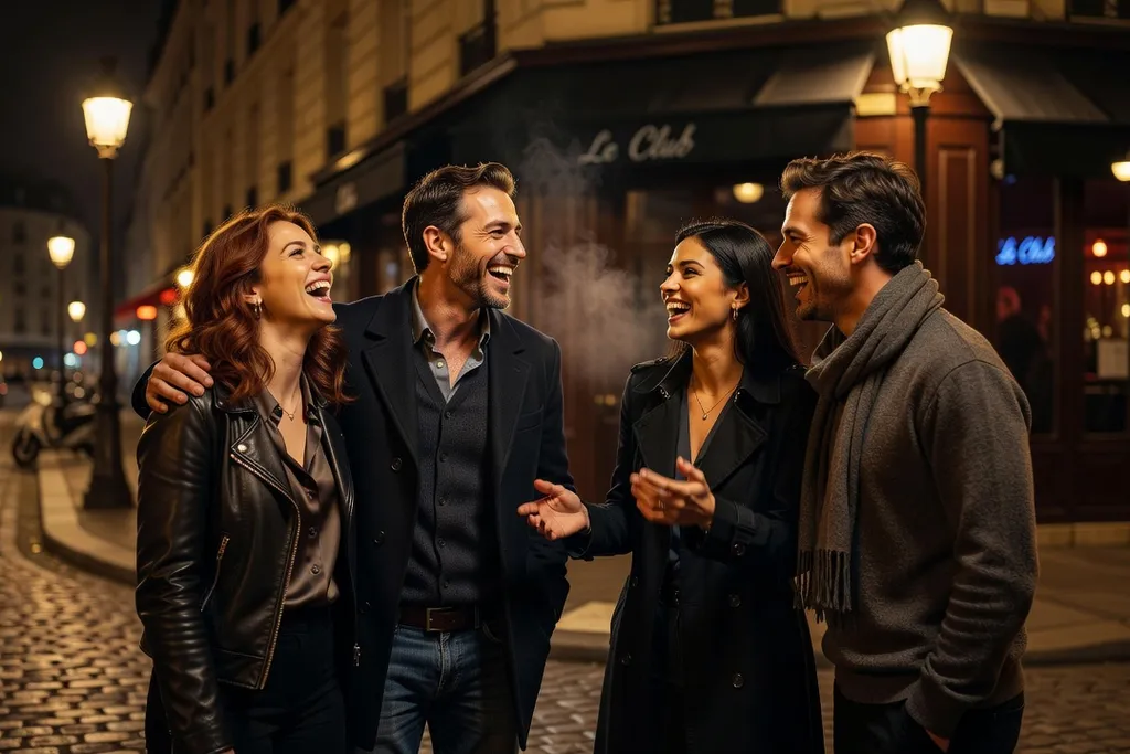 Groupe d'amis qui rient ensemble dans la rue, devant un établissement de nuit