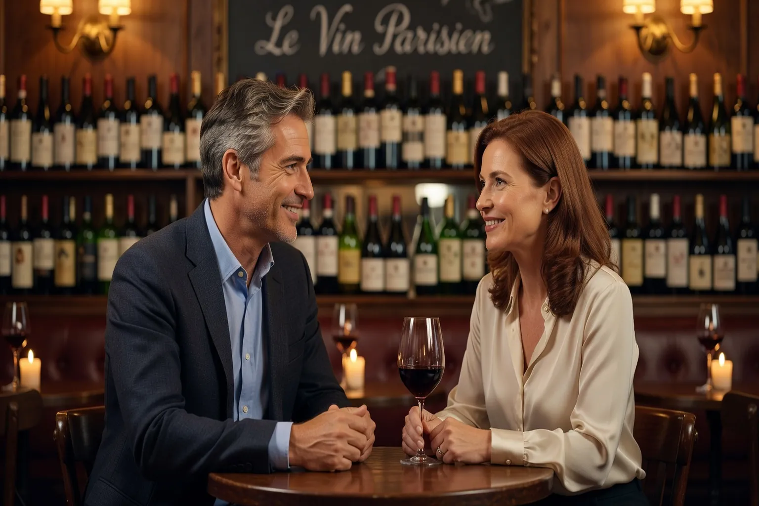 Conversation au bar — homme et femme mature