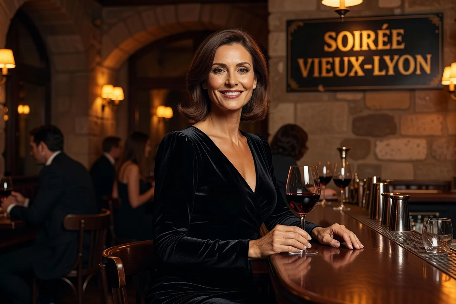 Femme mature élégante dans un bistrot du Vieux-Lyon, ambiance rencontre cougar 2026