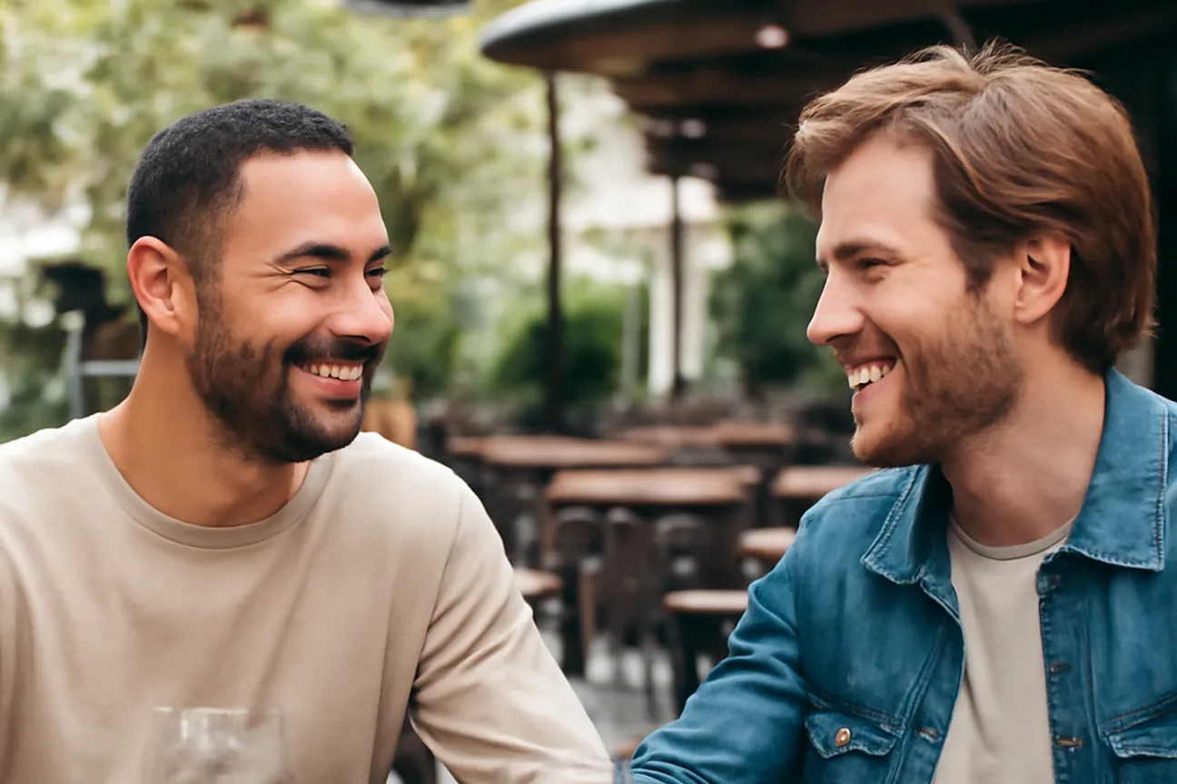 Deux hommes discutant avec aisance en terrasse de bar, illustrant l'entraînement social et la désensibilisation au rejet