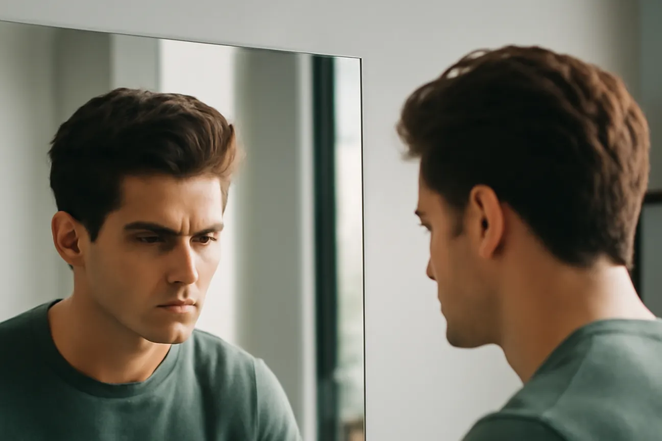 Homme faisant face à un miroir avec une expression déterminée, symbole de l'audit personnel et du développement du charisme