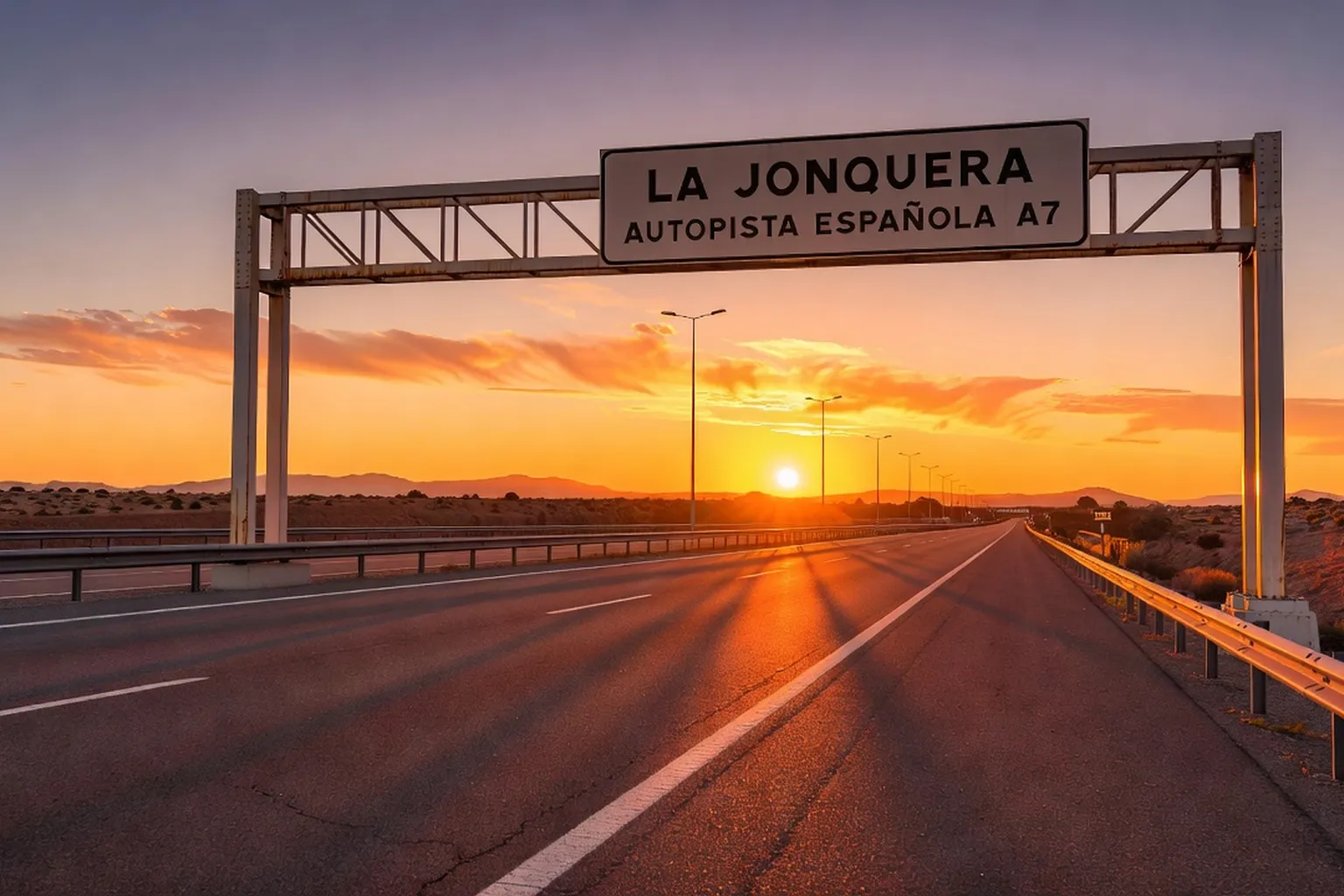 Panneau routier La Jonquera sur l'autoroute espagnole A7, coucher de soleil