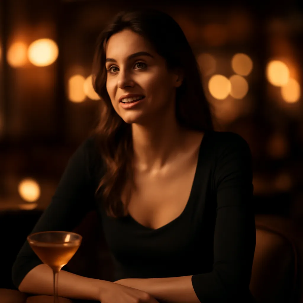 Ecoute attentive et curiosite pendant une conversation Femme souriante et intriguee ecoutant attentivement une conversation dans un bar le soir