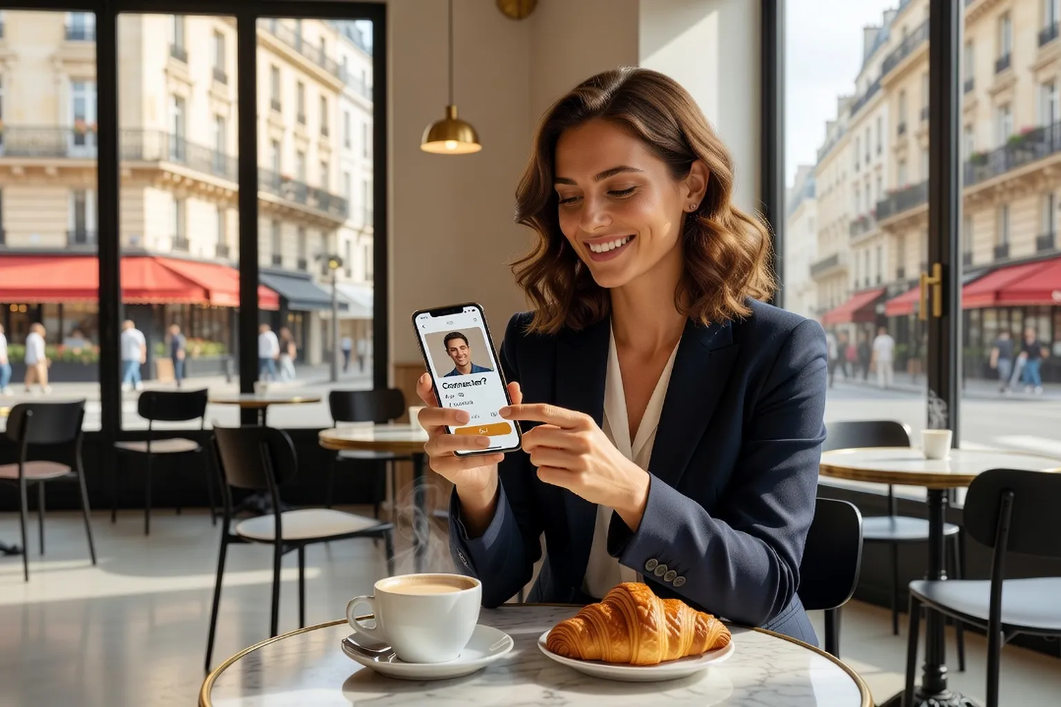 Femme vérifiant ses matchs Meetic depuis un café parisien