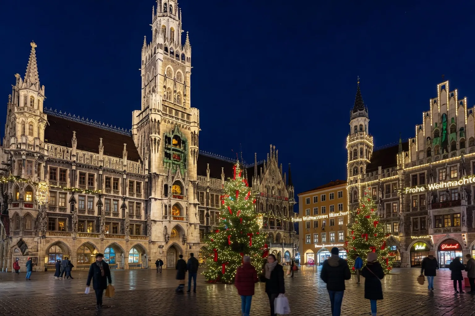 Vue nocturne de Munich, ville de départ idéale pour visiter les clubs FKK en Bavière