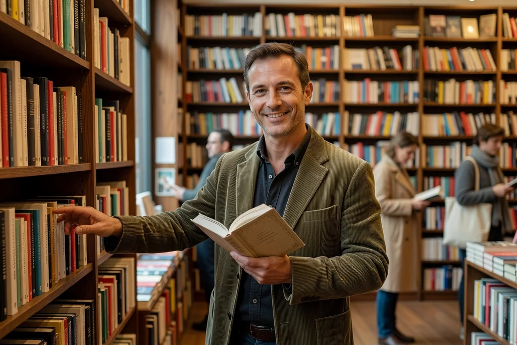 Homme adulte lisant un ouvrage scientifique dans une librairie indépendante, étagères en arrière-plan