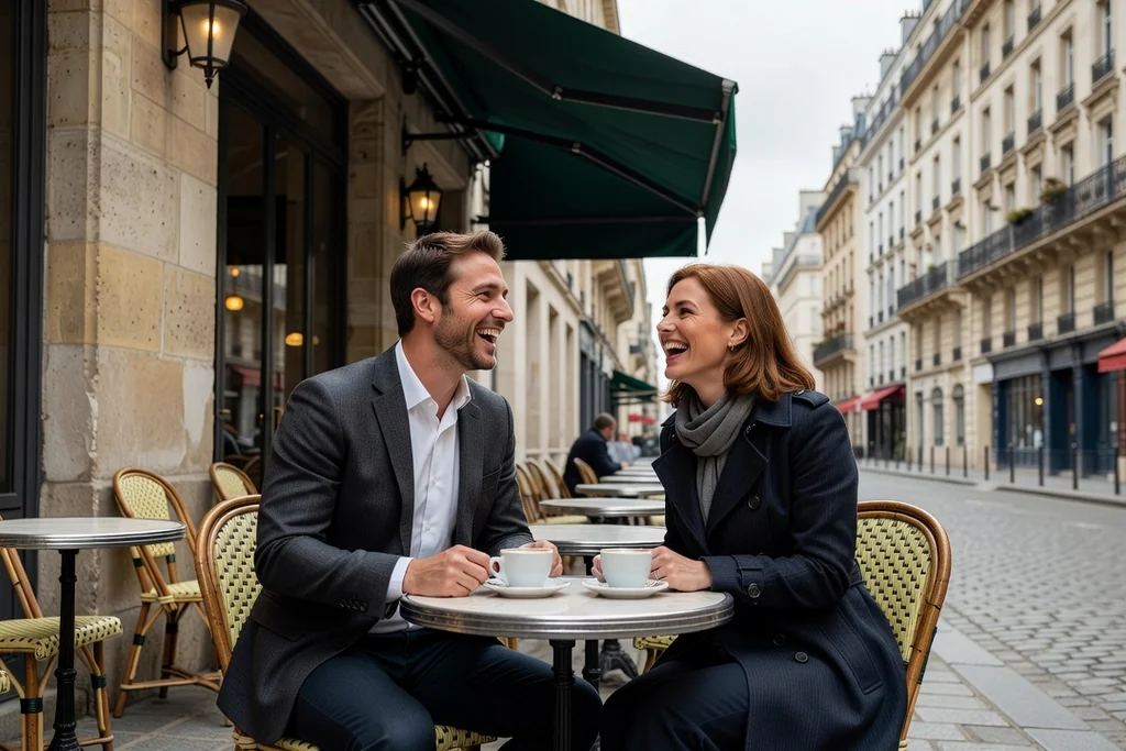 Homme et femme adultes partageant un éclat de rire franc à la terrasse d'un café parisien, contact visuel complice