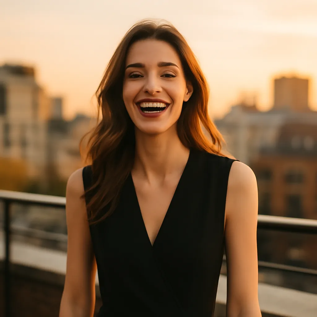Authenticite et connexion reelle malgre l'usage de techniques PNL Femme souriante en terrasse au coucher du soleil lors d'une conversation authentique, illustration du recadrage et de la connexion en séduction