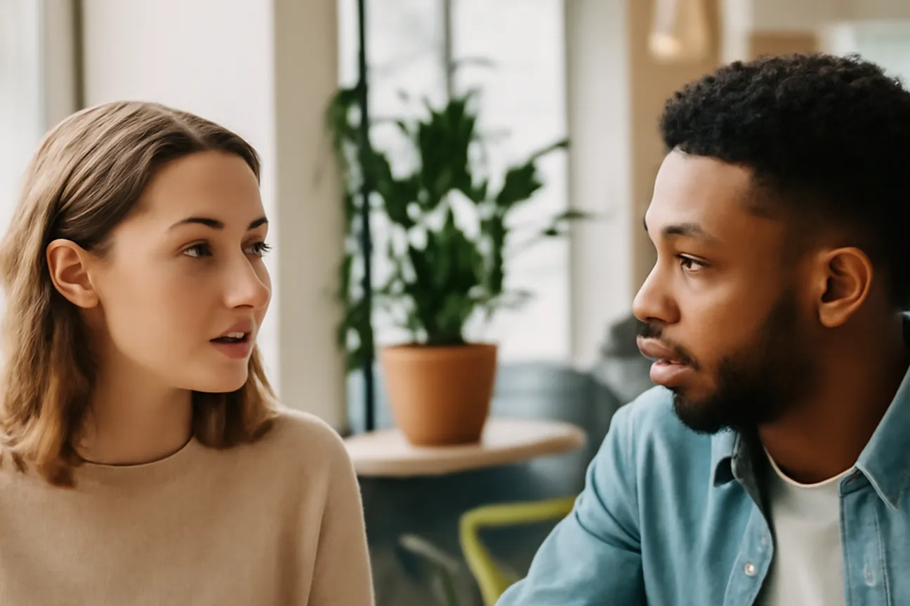 Deux personnes échangeant avec attention dans un café, illustration de l'écoute et des questions ouvertes en séduction