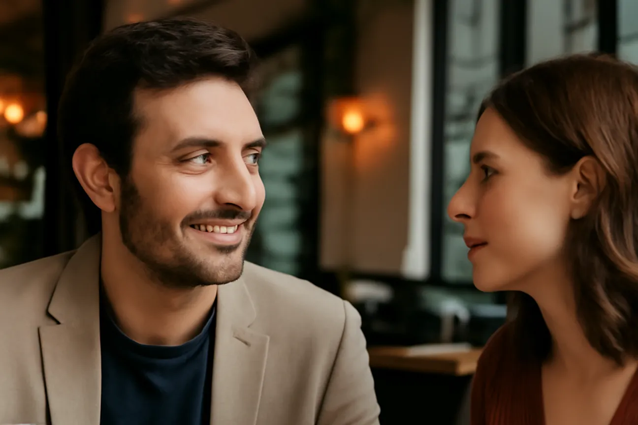 Homme écoutant attentivement une femme dans un restaurant, contact visuel et posture ouverte