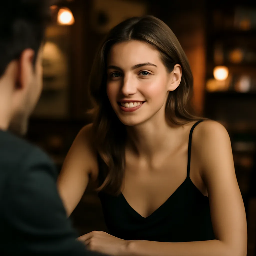 Calage du rythme conversationnel en drague Une femme et un homme en pleine conversation complice dans un bar, exemple de calage du rythme et du ton en pacing and leading