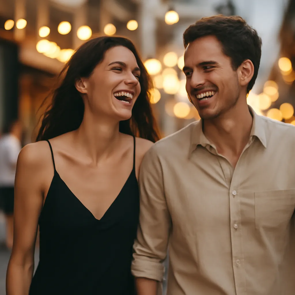 Guidage vers un etat emotionnel plus leger Une femme et un homme riant ensemble dans une rue animee le soir, exemple de guidage progressif vers un etat plus leger en pacing and leading