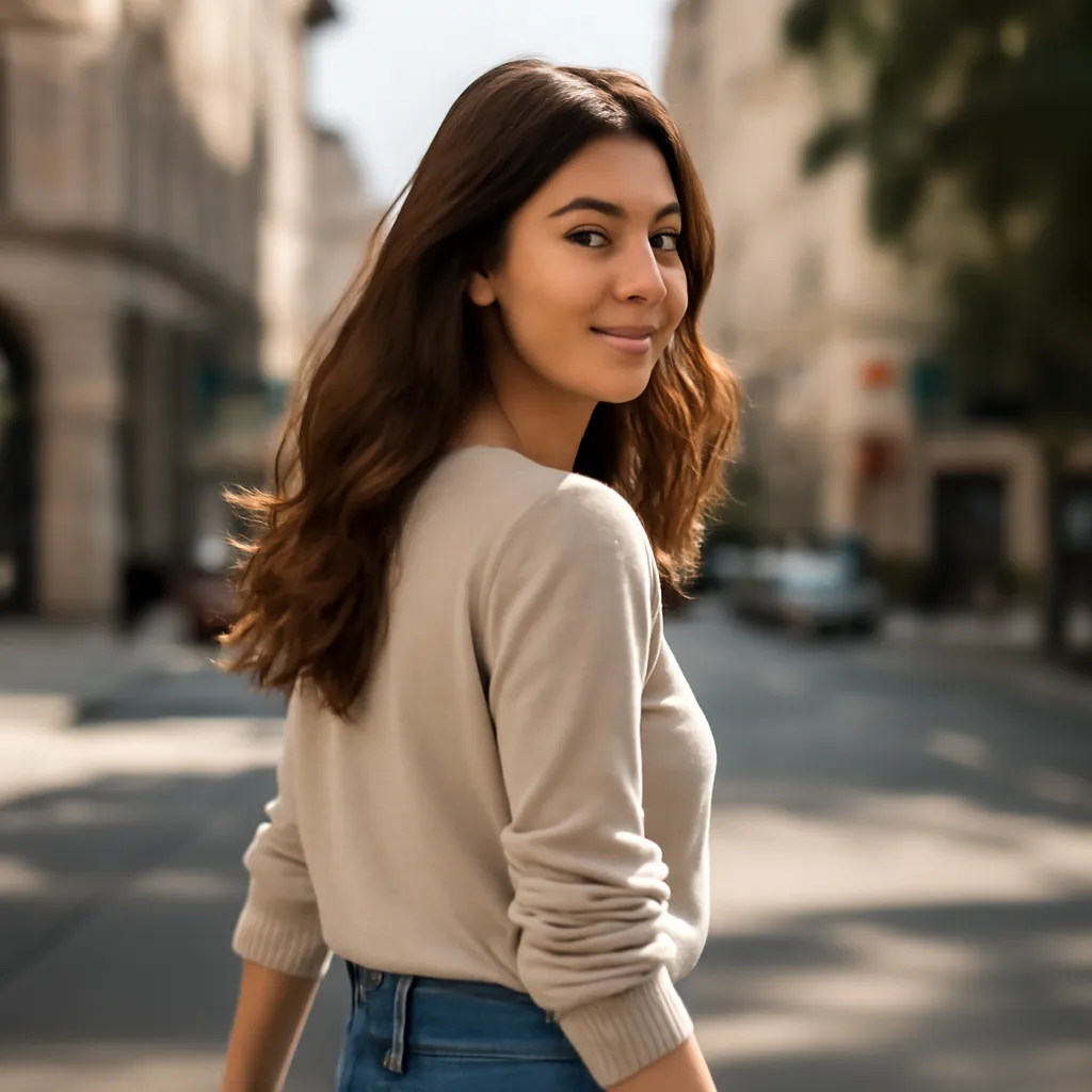 L'aisance et la confiance conditionnent la reussite d'un recadrage Femme confiante marchant dans la rue, sourire complice, illustrant l'aisance necessaire pour un recadrage reussi