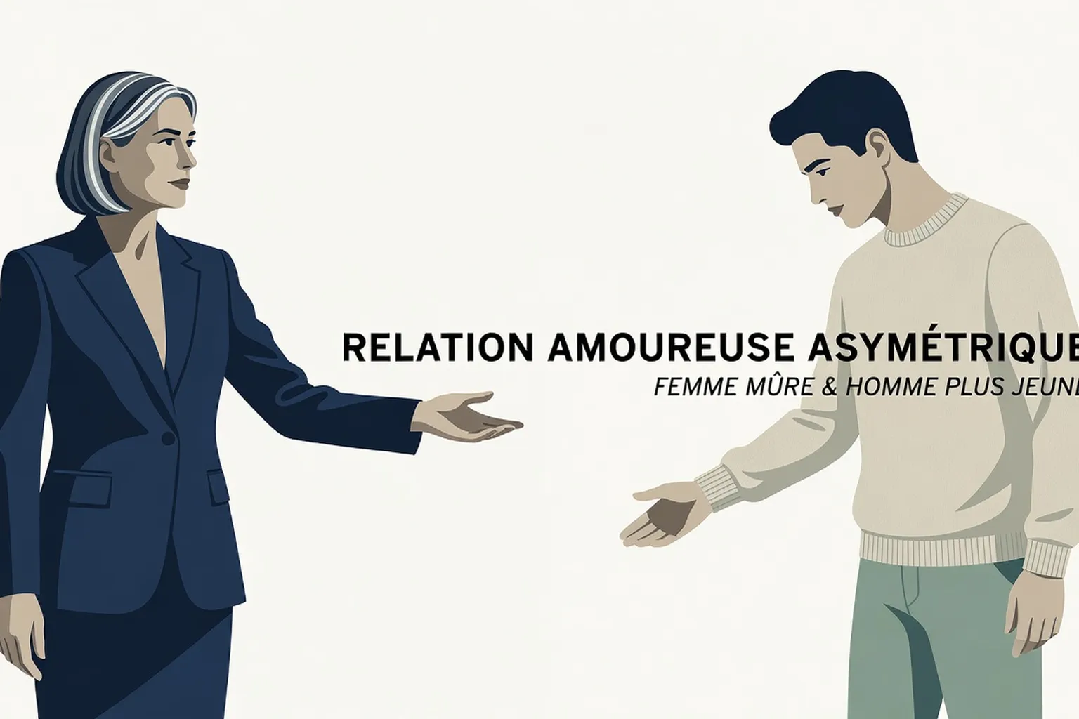 Illustration moderne d'une relation cougar, femme mûre et homme plus jeune