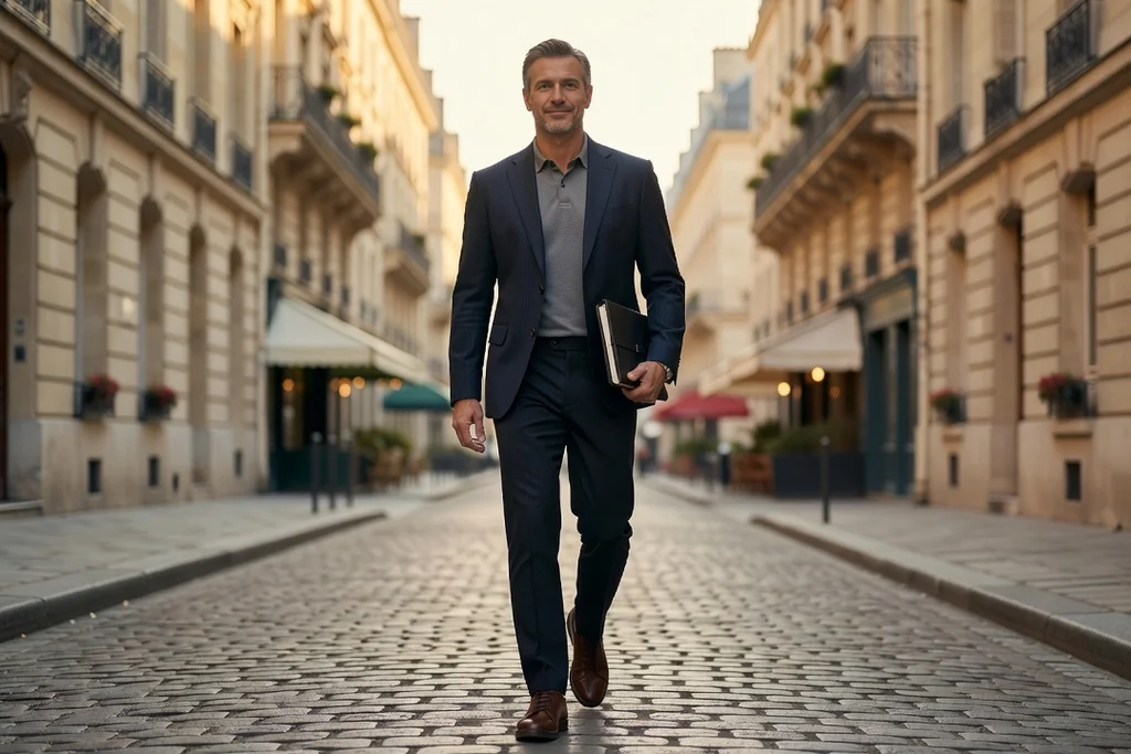 Homme de 45 ans en tenue de sport chic marchant d'un pas décidé dans une rue parisienne au matin, carnet sous le bras