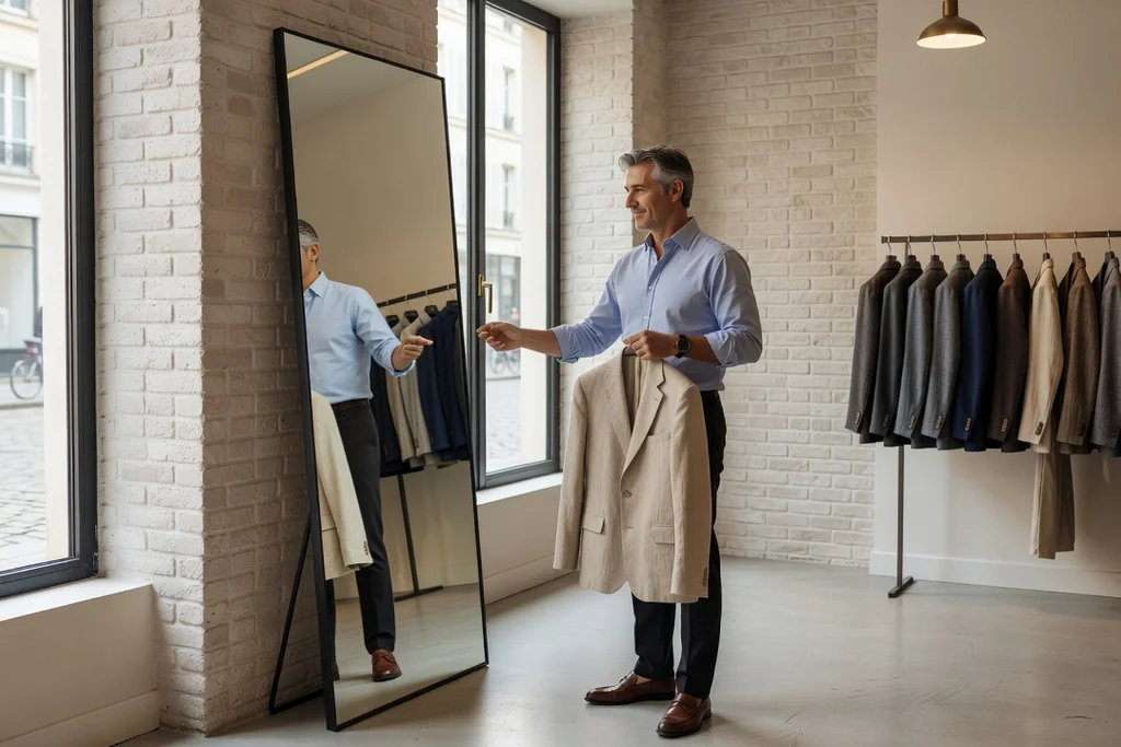 Homme d'une quarantaine d'années choisissant des vêtements dans une boutique de mode masculine devant un miroir