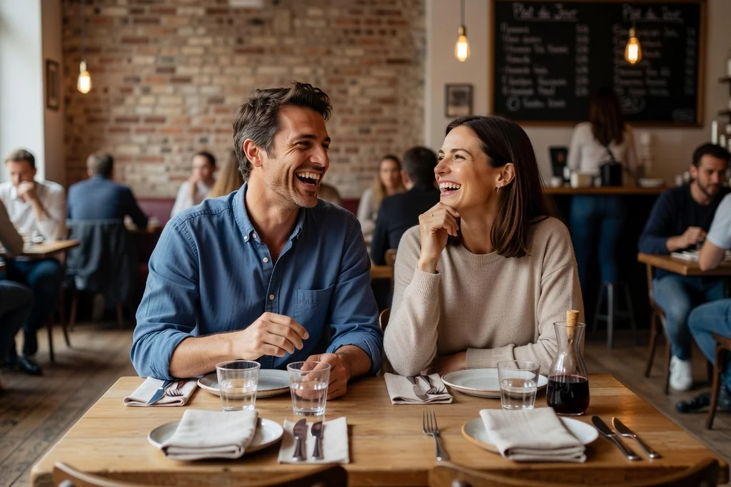 Homme d'une quarantaine d'années et femme adulte riant ensemble lors d'un dîner convivial dans un restaurant de quartier