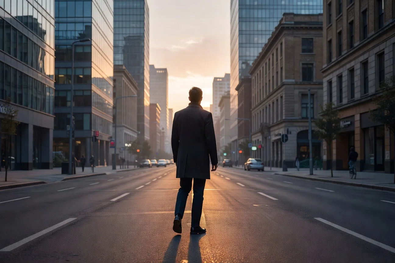 Homme confiant qui marche en ville au lever du jour en 2026