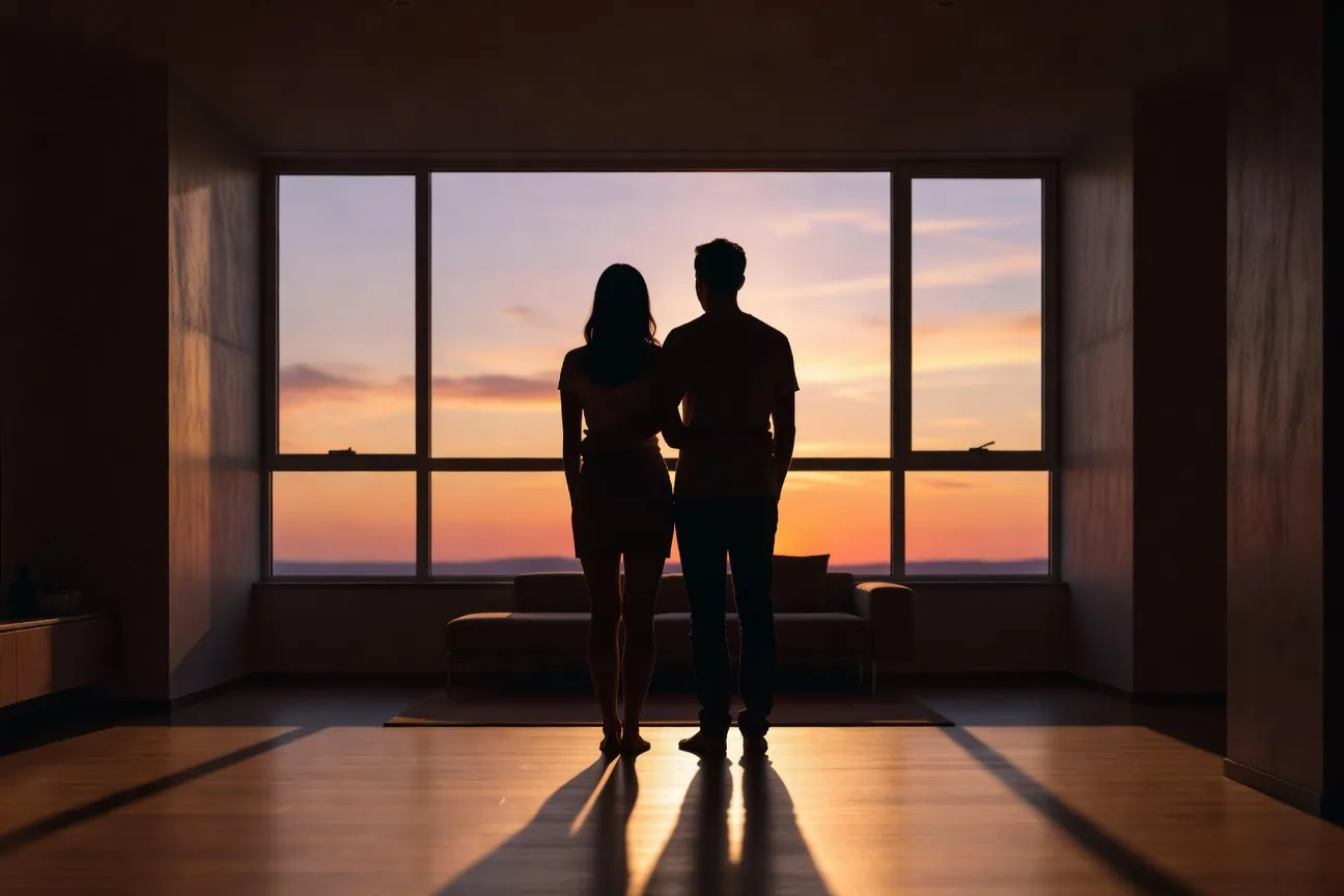 Couple complice à la fenêtre au coucher du soleil en 2026