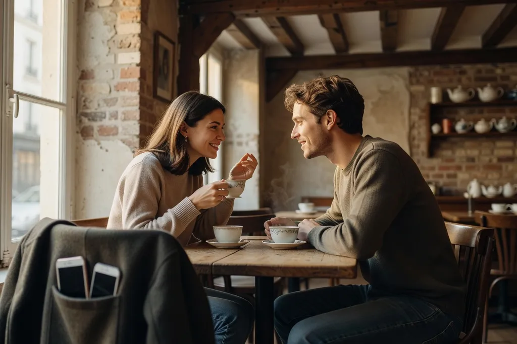 Téléphone posé sur une table pendant un rendez-vous dans un café