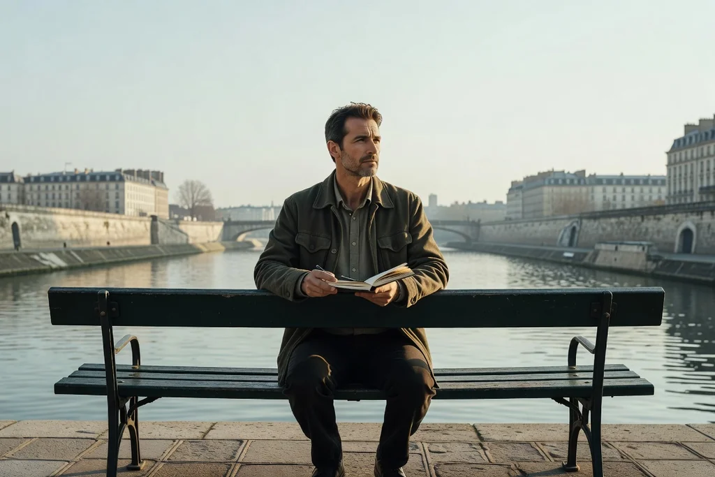 Homme adulte assis seul sur un banc face à un canal, carnet sur les genoux, en train d'évaluer honnêtement sa situation sentimentale