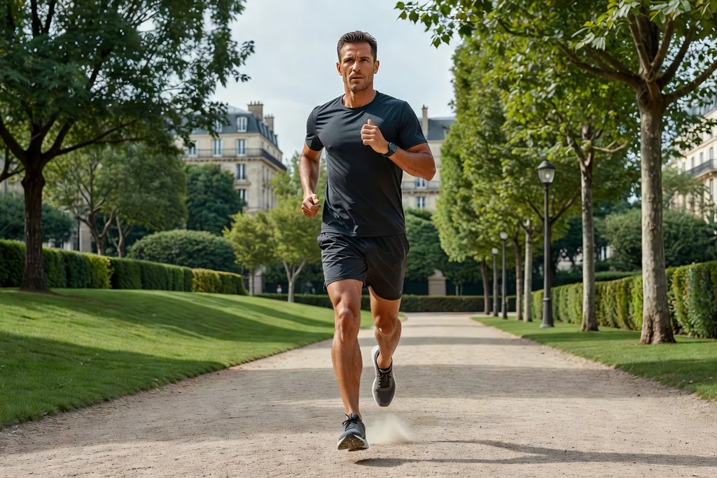 Homme adulte courant dans un parc urbain, tenue de sport sobre, effort déterminé, lumière naturelle