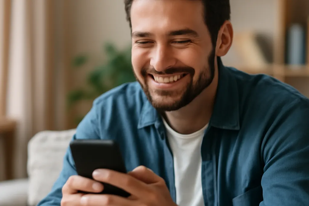 Personne souriante en train d'écrire un message sur son téléphone, ambiance détendue