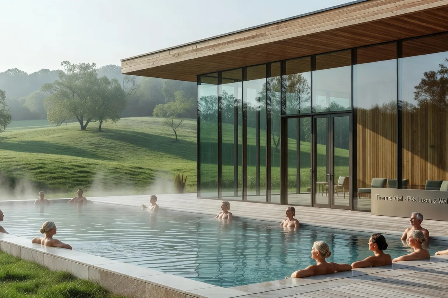Complexe FKK allemand luxueux en 2026 : piscine extérieure et architecture moderne