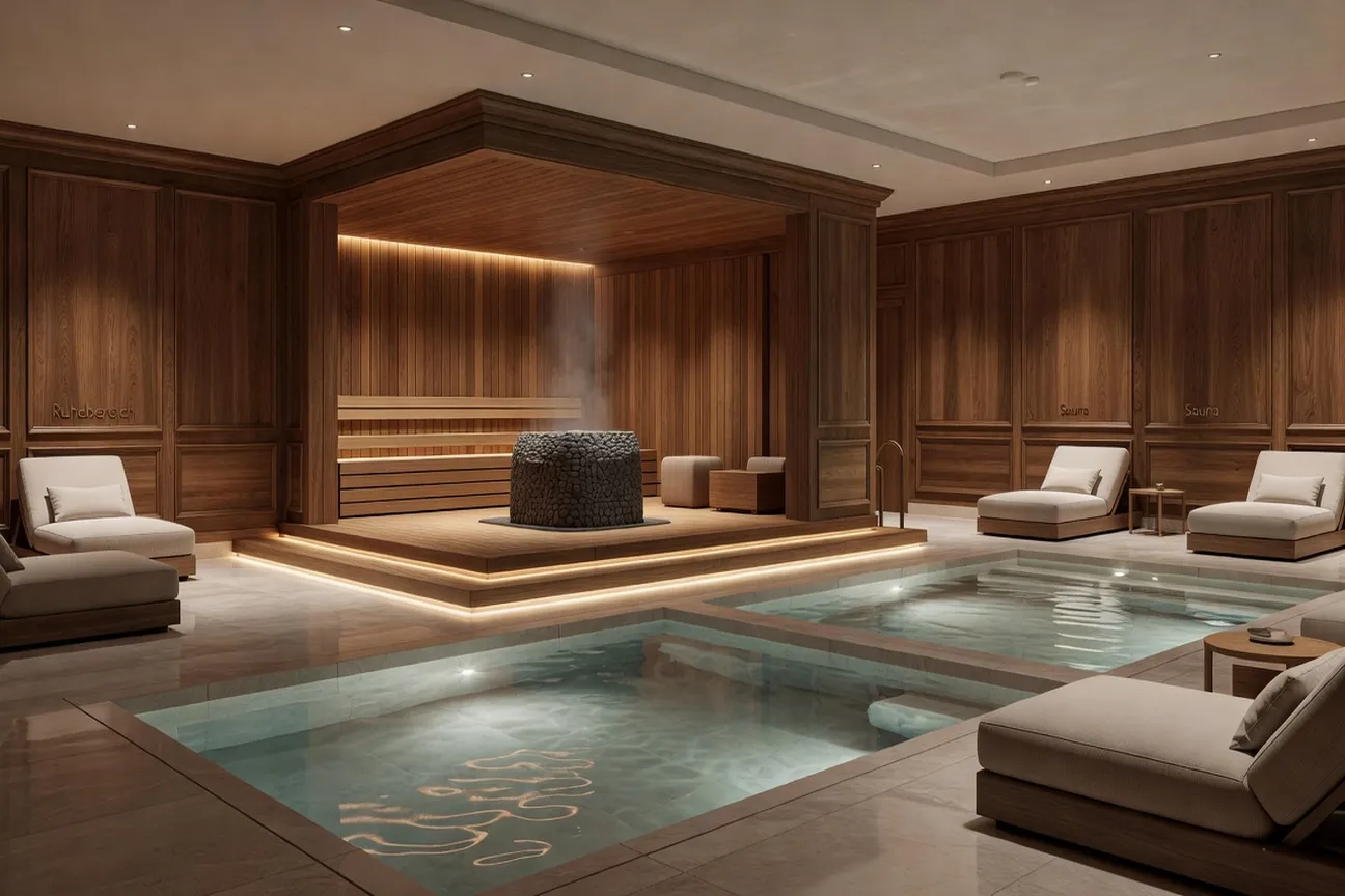 Intérieur d'un club FKK en Allemagne, piscine et sauna luxueux