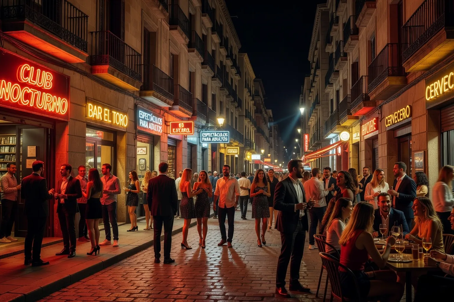 Barcelone la nuit, rues animées du Raval, néons de clubs adultes