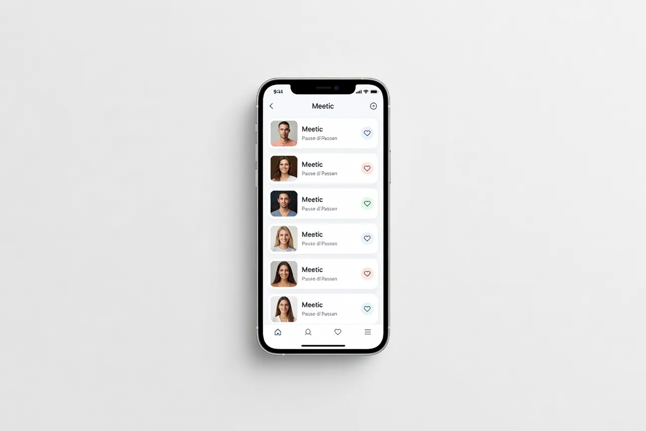 Smartphone affichant l'interface Meetic Premium avec profils et messagerie
