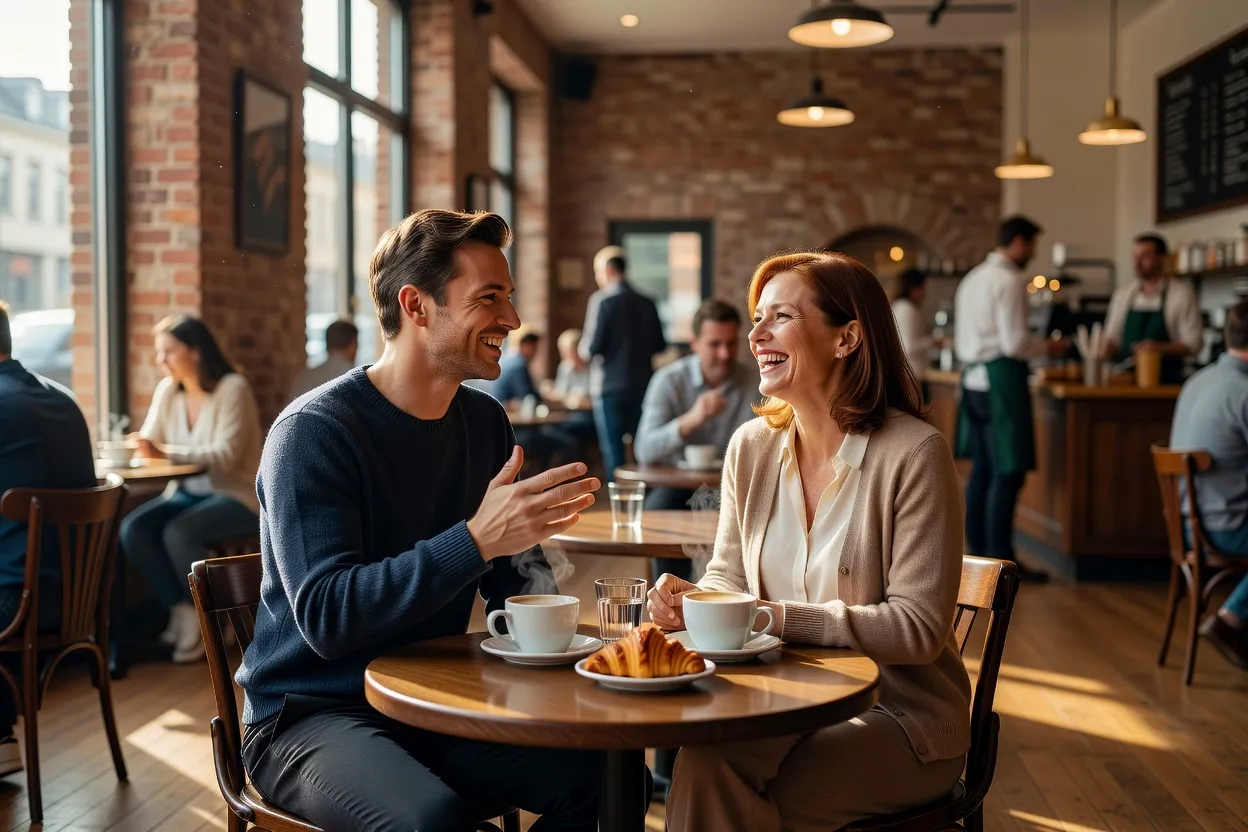 Deux personnes discutant autour d'un café dans un lieu public lumineux