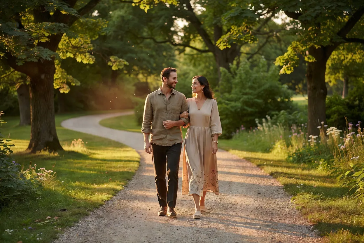 Couple souriant se promenant en extérieur, complicité tranquille