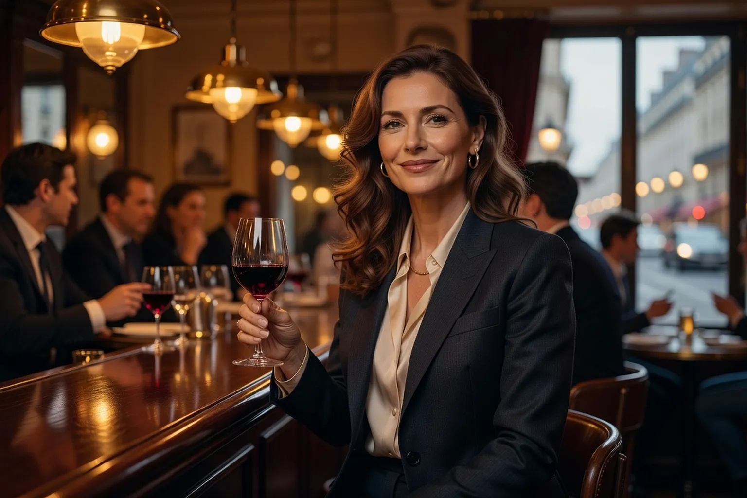 Femme élégante quarantenaire dans un bar parisien chic, verre de vin, ambiance soirée