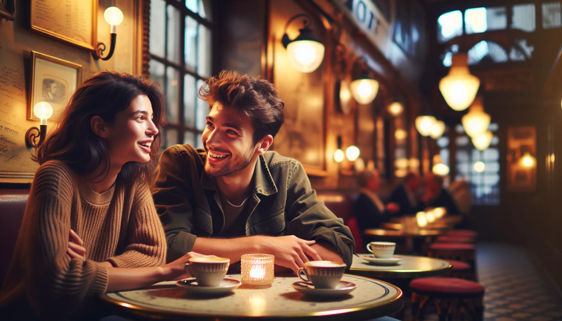 Couple souriant en pleine conversation dans un café parisien